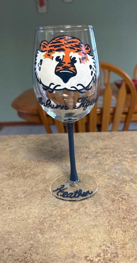 Hand Painted Aubie Wine Glass, College Graduation Gift