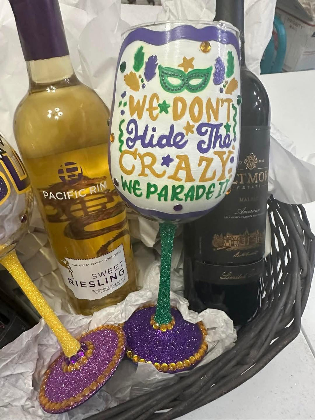Hand Painted Mardi Gras Wine Glass, Bling Party Barware