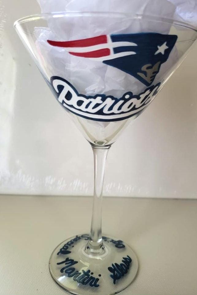 Hand Painted Patriots Martini Glass, Football Gift