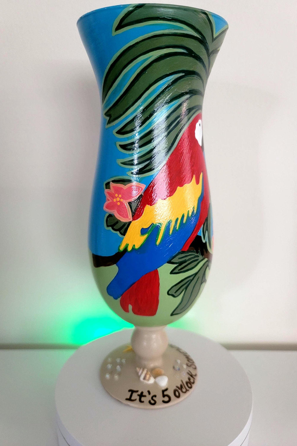 Hand Painted Tropical Parrot Hurricane Glass, Seashell Accent