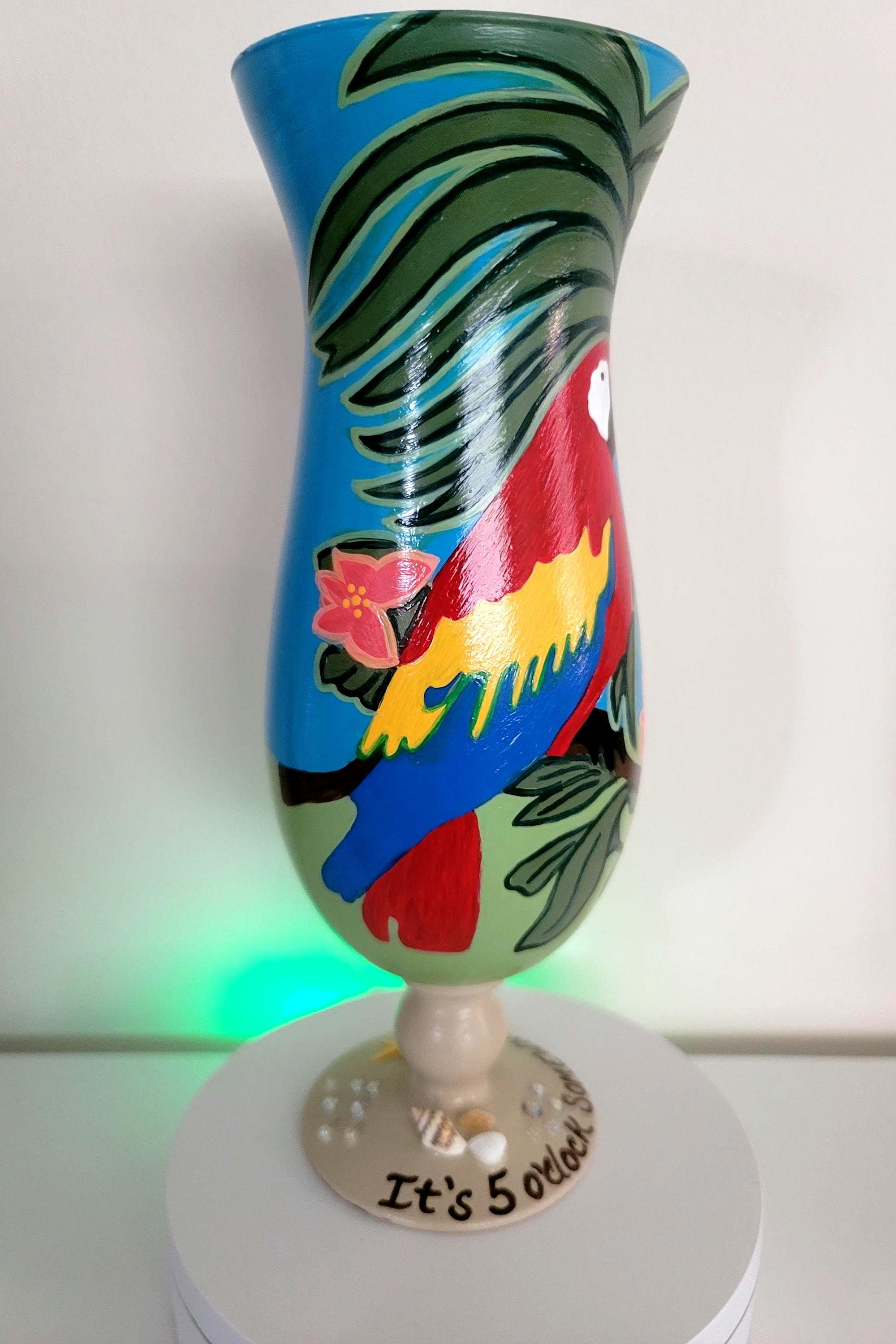 Hand Painted Tropical Parrot Hurricane Glass, Seashell Accent