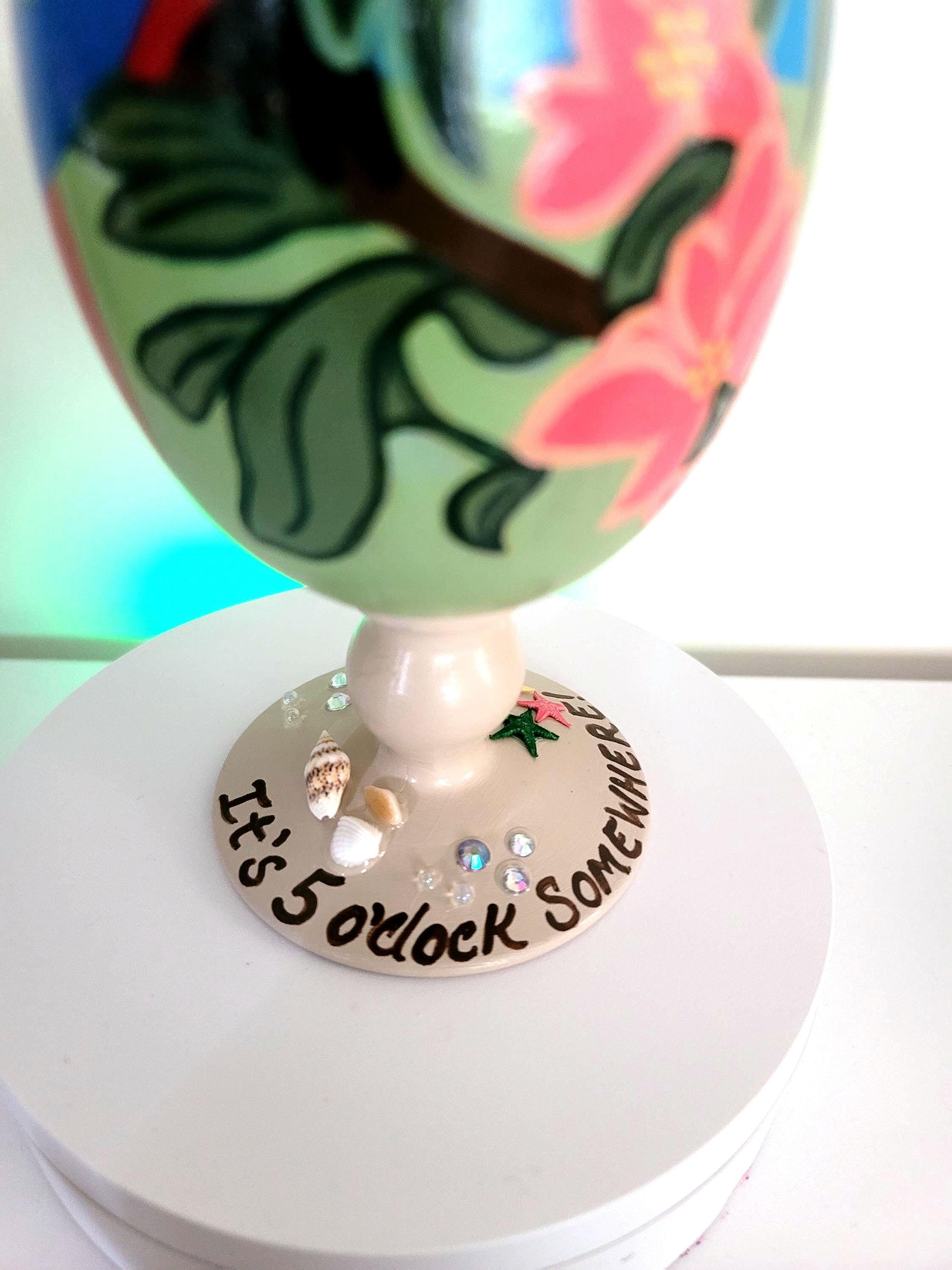 Hand Painted Tropical Parrot Hurricane Glass, Seashell Accent