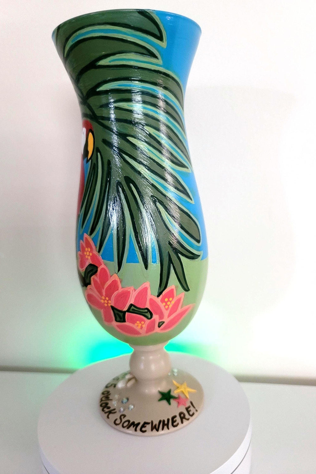 Hand Painted Tropical Parrot Hurricane Glass, Seashell Accent