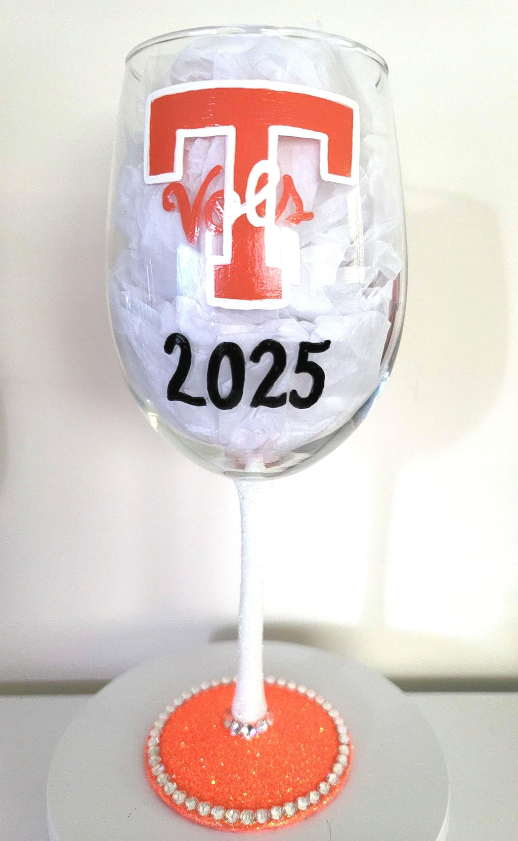 Hand Painted Tennessee Volunteers Wine Glass with Rhinestones