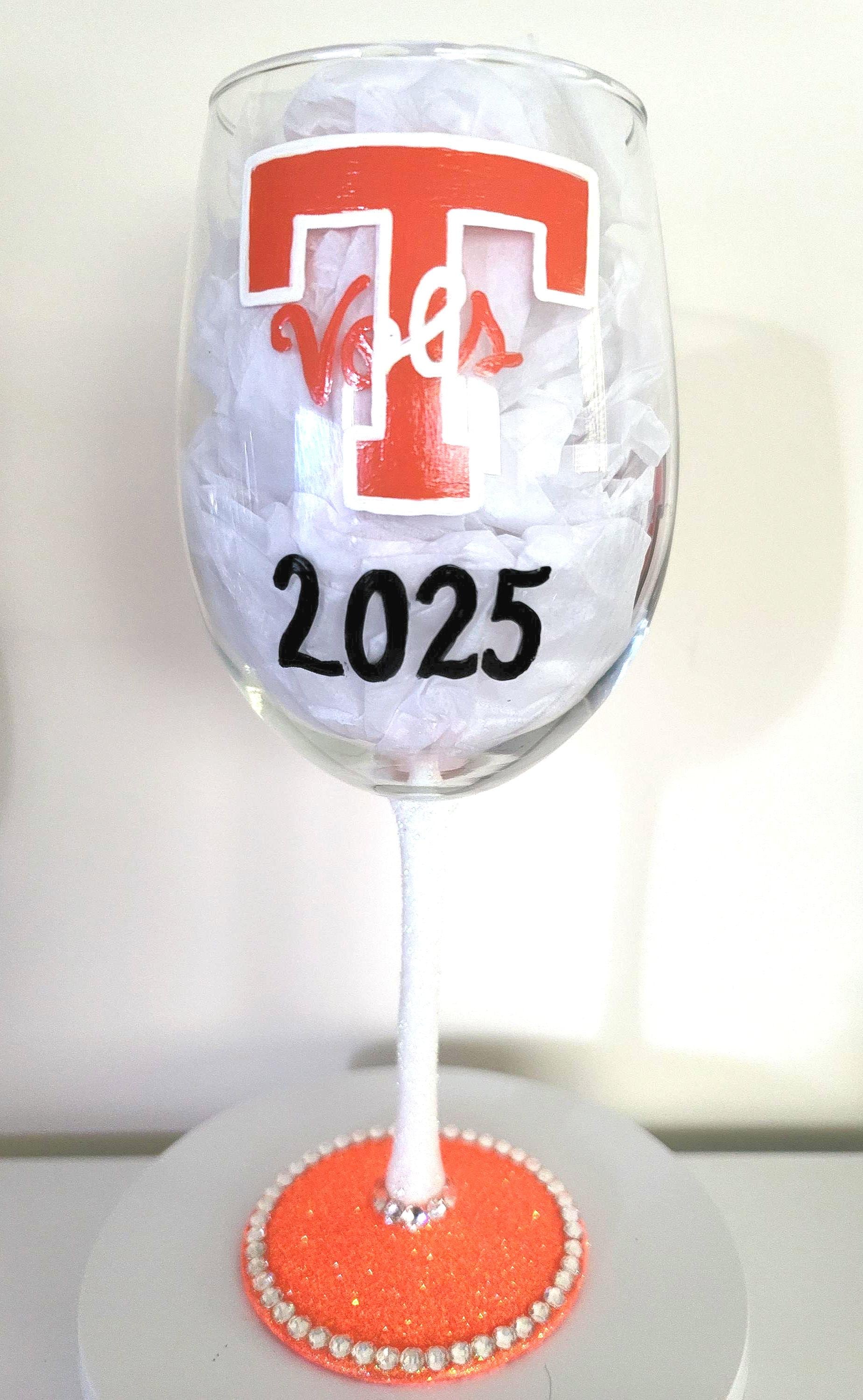 Hand Painted Tennessee Volunteers Wine Glass with Rhinestones
