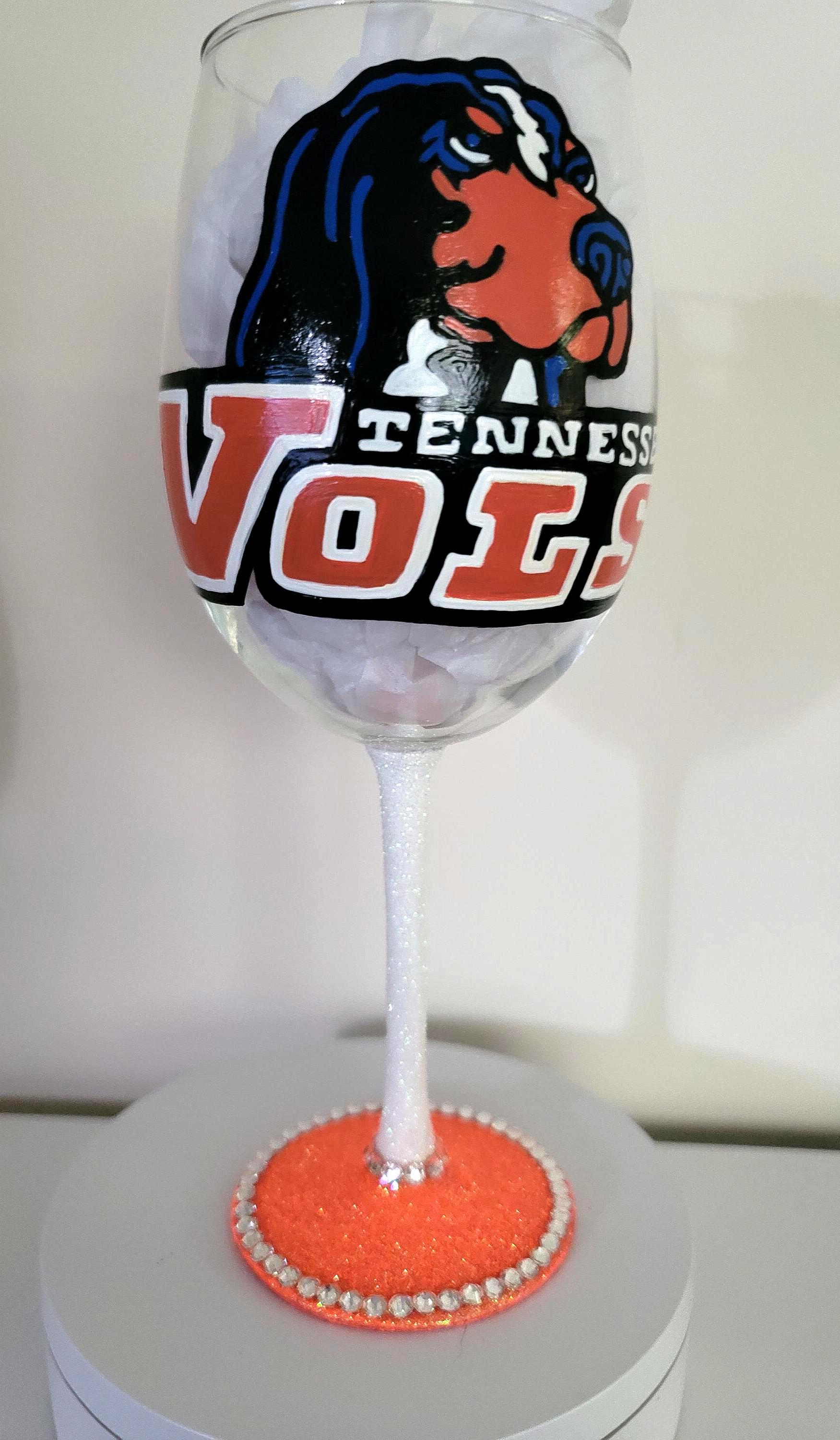 Hand Painted Tennessee Volunteers Wine Glass with Rhinestones