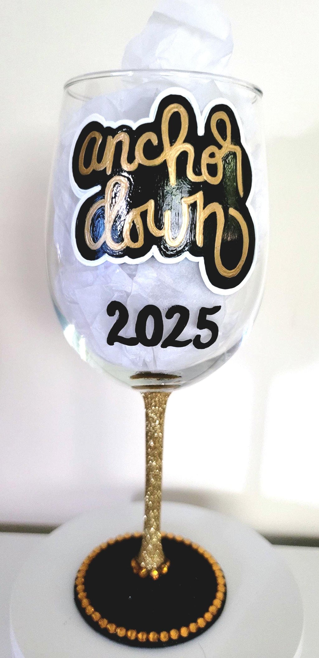 Hand Painted Vanderbilt Commodores Wine Glass with Rhinestones