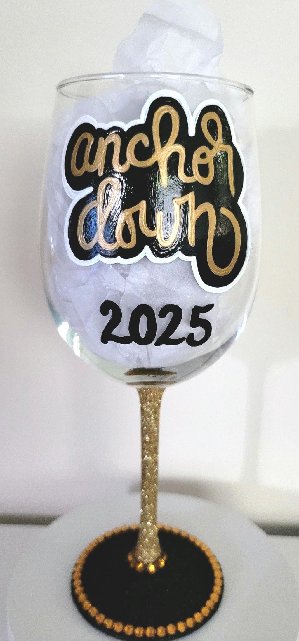 Hand Painted Vanderbilt Commodores Wine Glass with Rhinestones