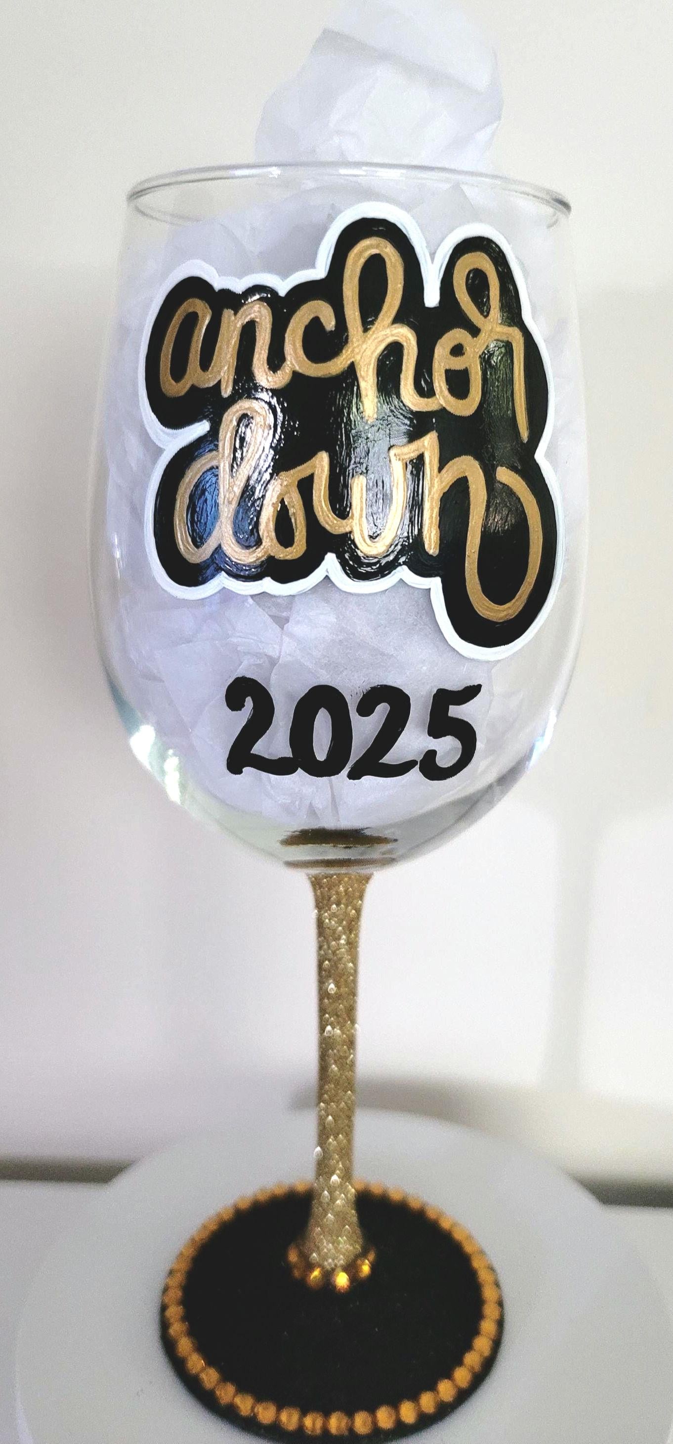 Hand Painted Vanderbilt Commodores Wine Glass with Rhinestones