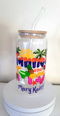 Hand Painted Beach Theme Glass Tumbler, Bamboo Lid & Straw