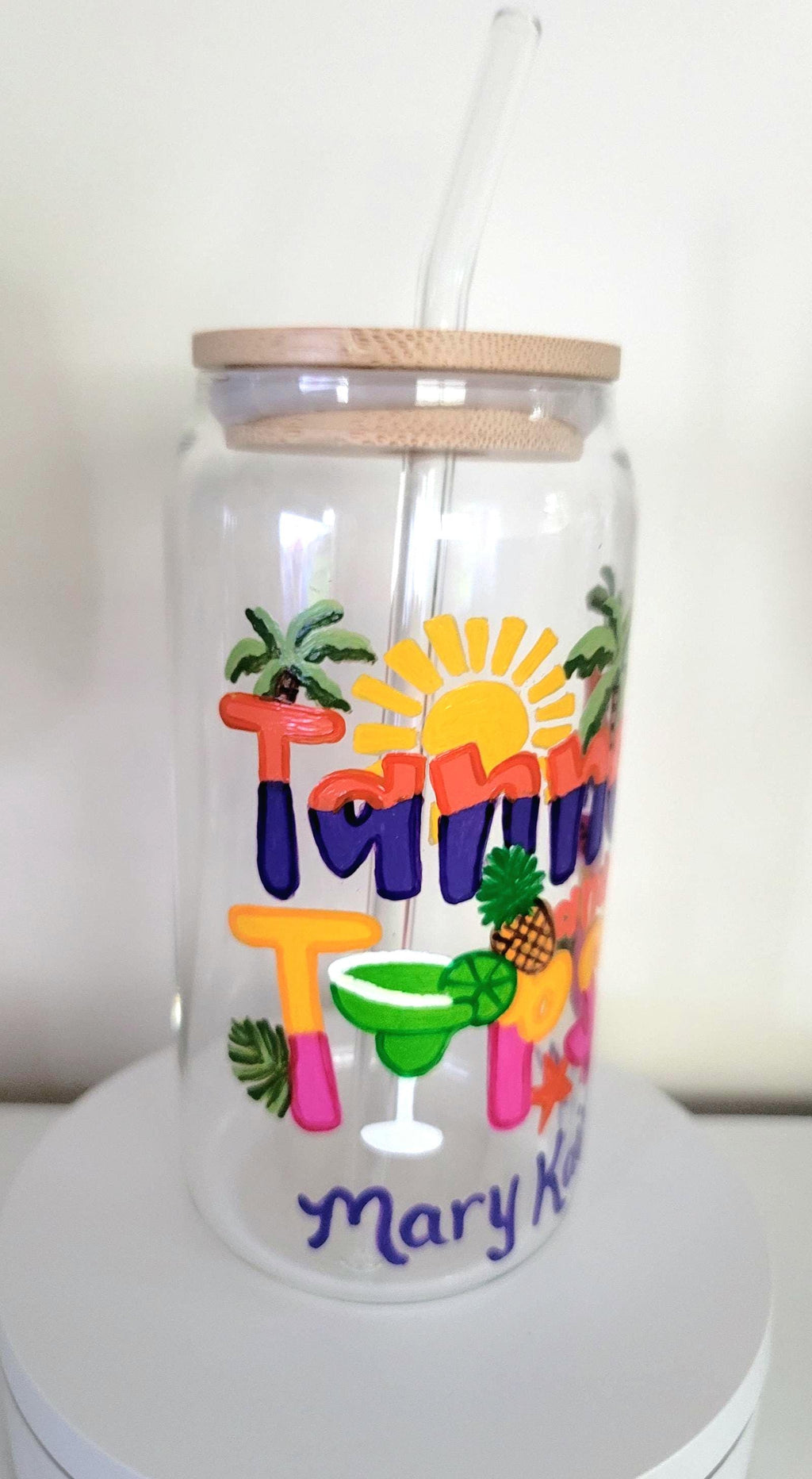 Hand Painted Beach Theme Glass Tumbler, Bamboo Lid & Straw