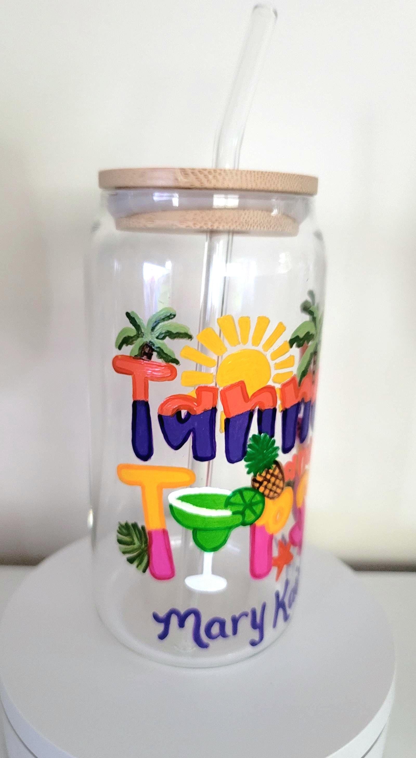 Hand Painted Beach Theme Glass Tumbler, Bamboo Lid & Straw