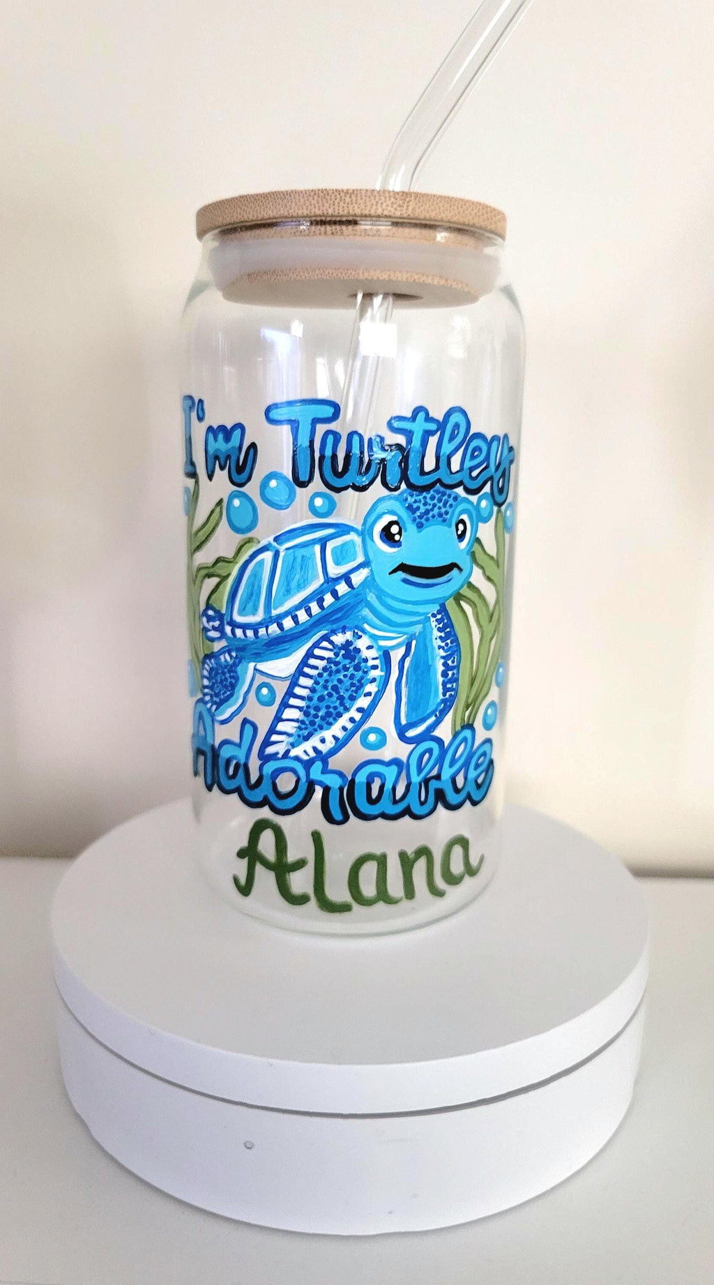 Hand Painted Sea Turtle Glass with Bamboo Lid & Straw