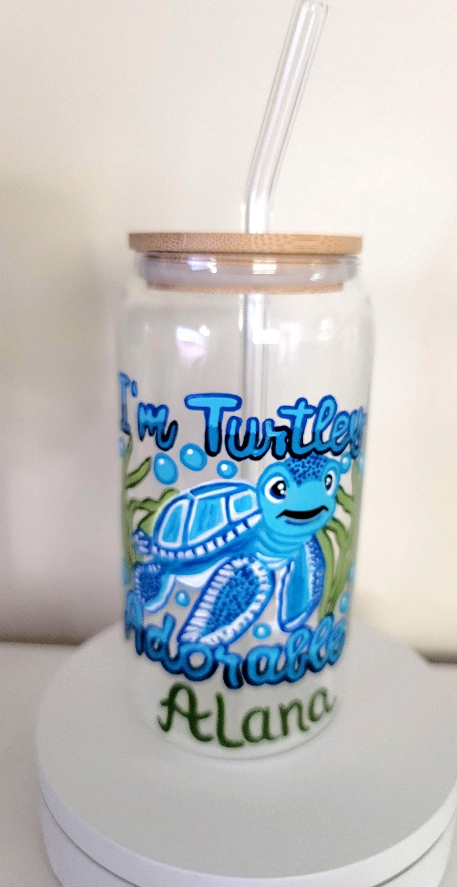 Hand Painted Sea Turtle Glass with Bamboo Lid & Straw