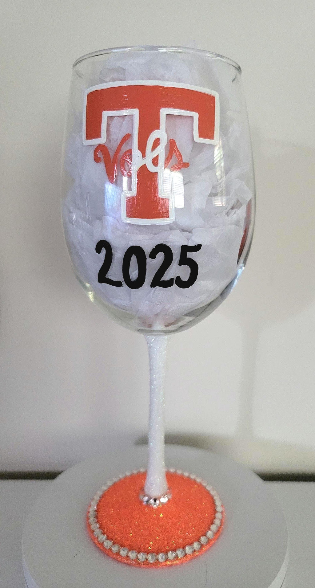 Hand Painted Tennessee Volunteers Wine Glass with Rhinestones