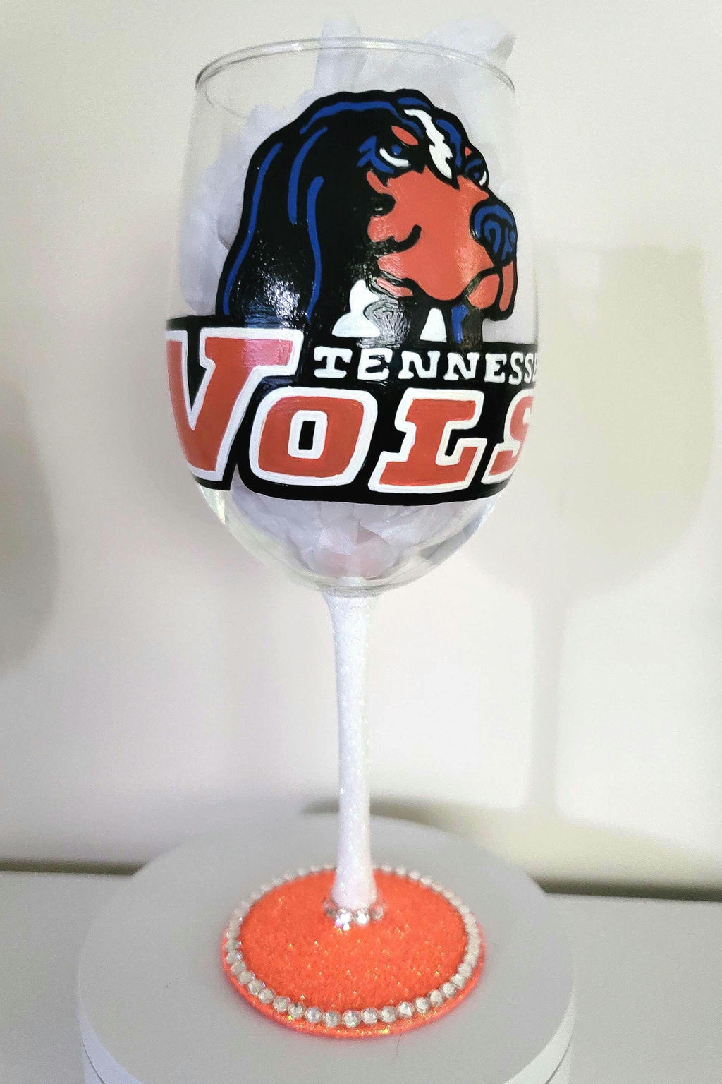 Hand Painted Tennessee Volunteers Wine Glass with Rhinestones