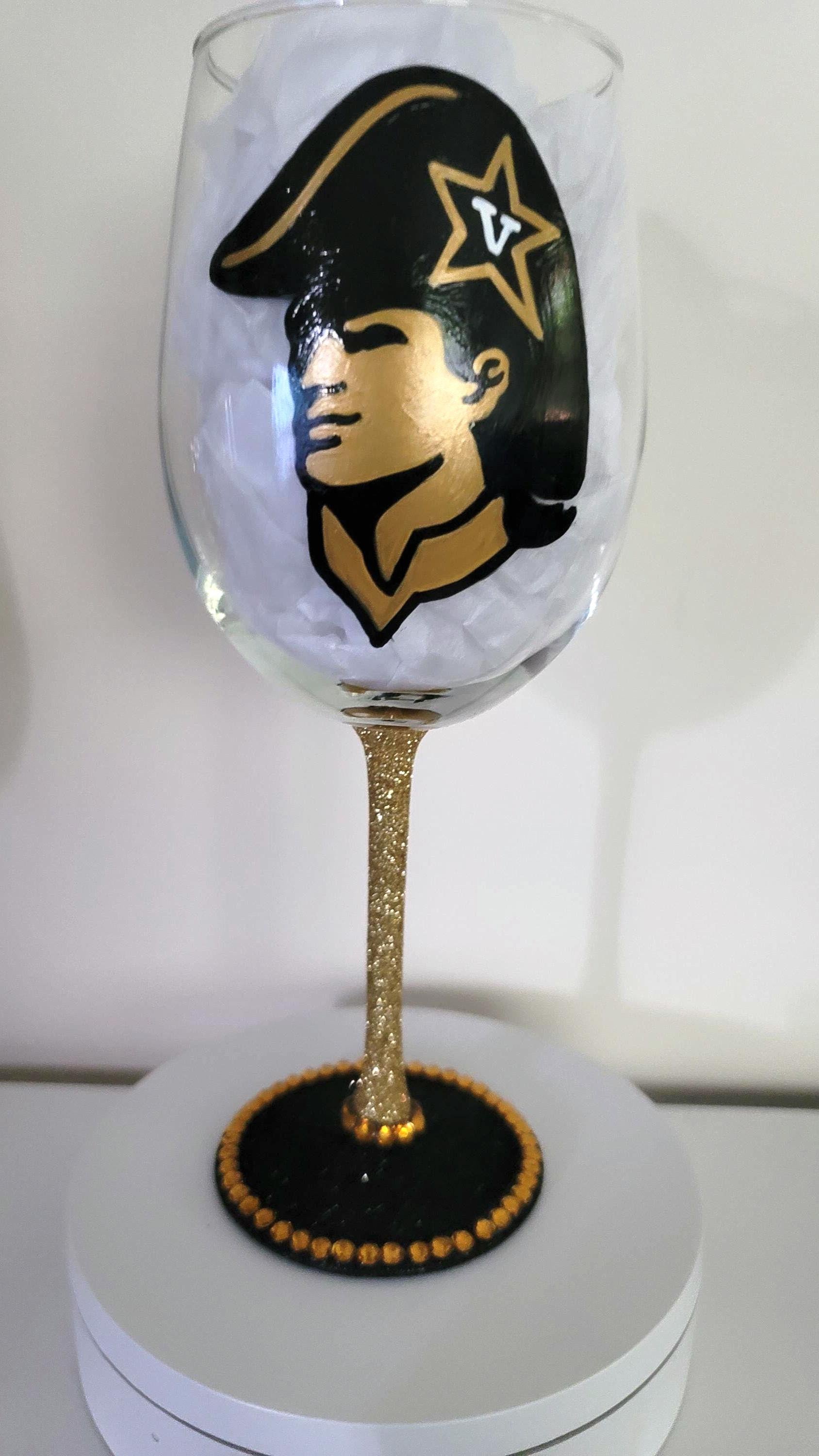 Hand Painted Vanderbilt Commodores Wine Glass with Rhinestones