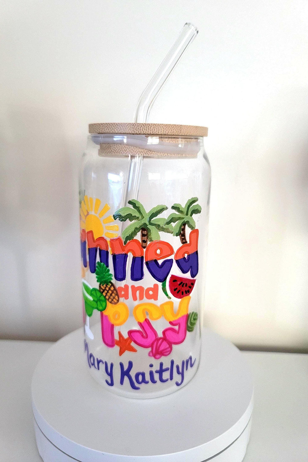 Hand Painted Beach Theme Glass Tumbler, Bamboo Lid & Straw
