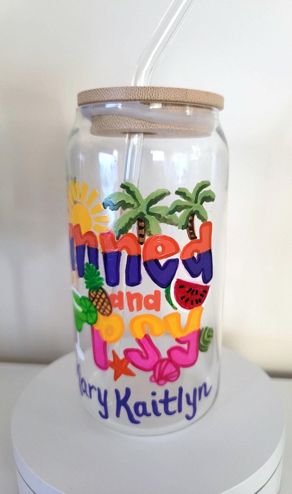 Hand Painted Beach Theme Glass Tumbler, Bamboo Lid & Straw
