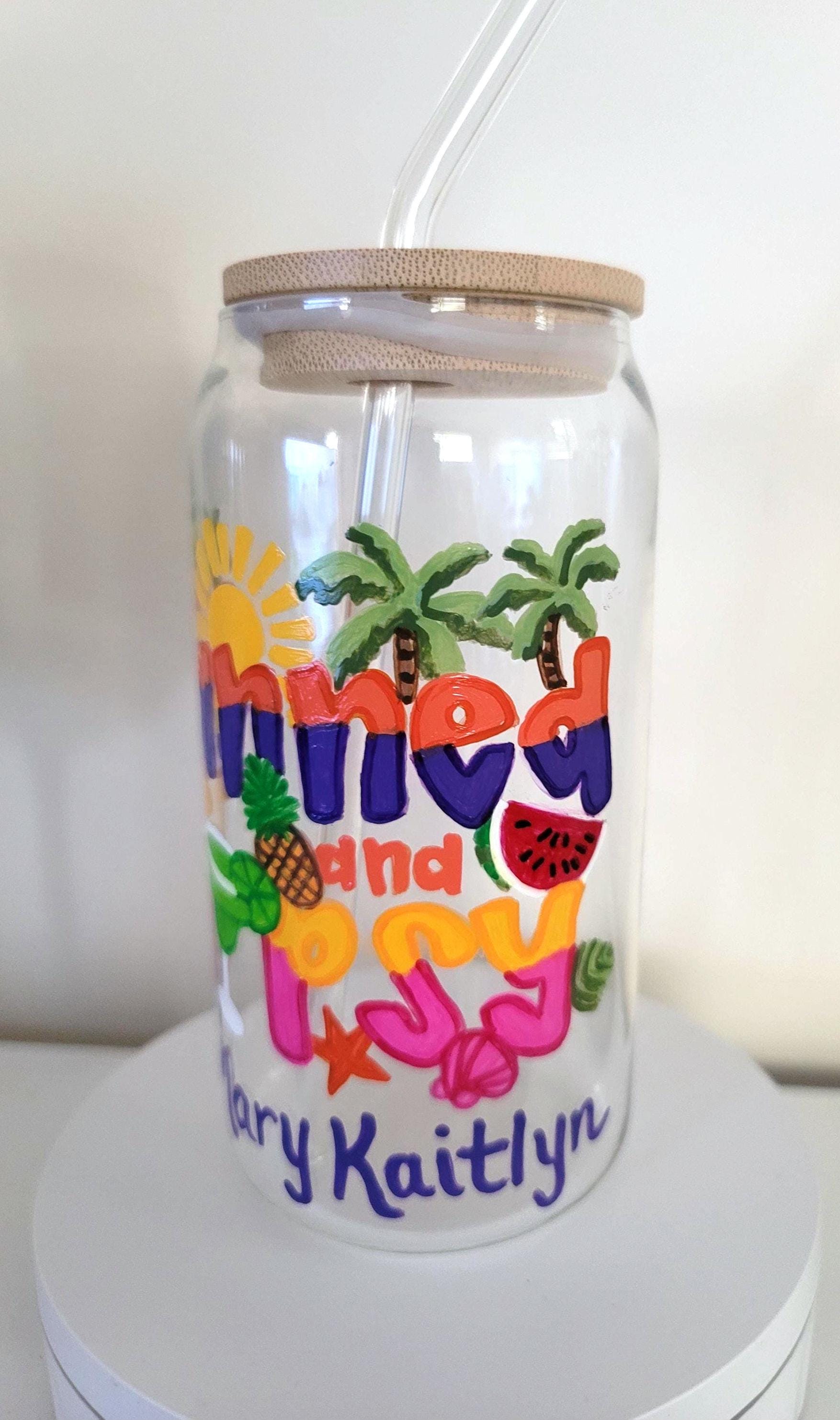 Hand Painted Beach Theme Glass Tumbler, Bamboo Lid & Straw