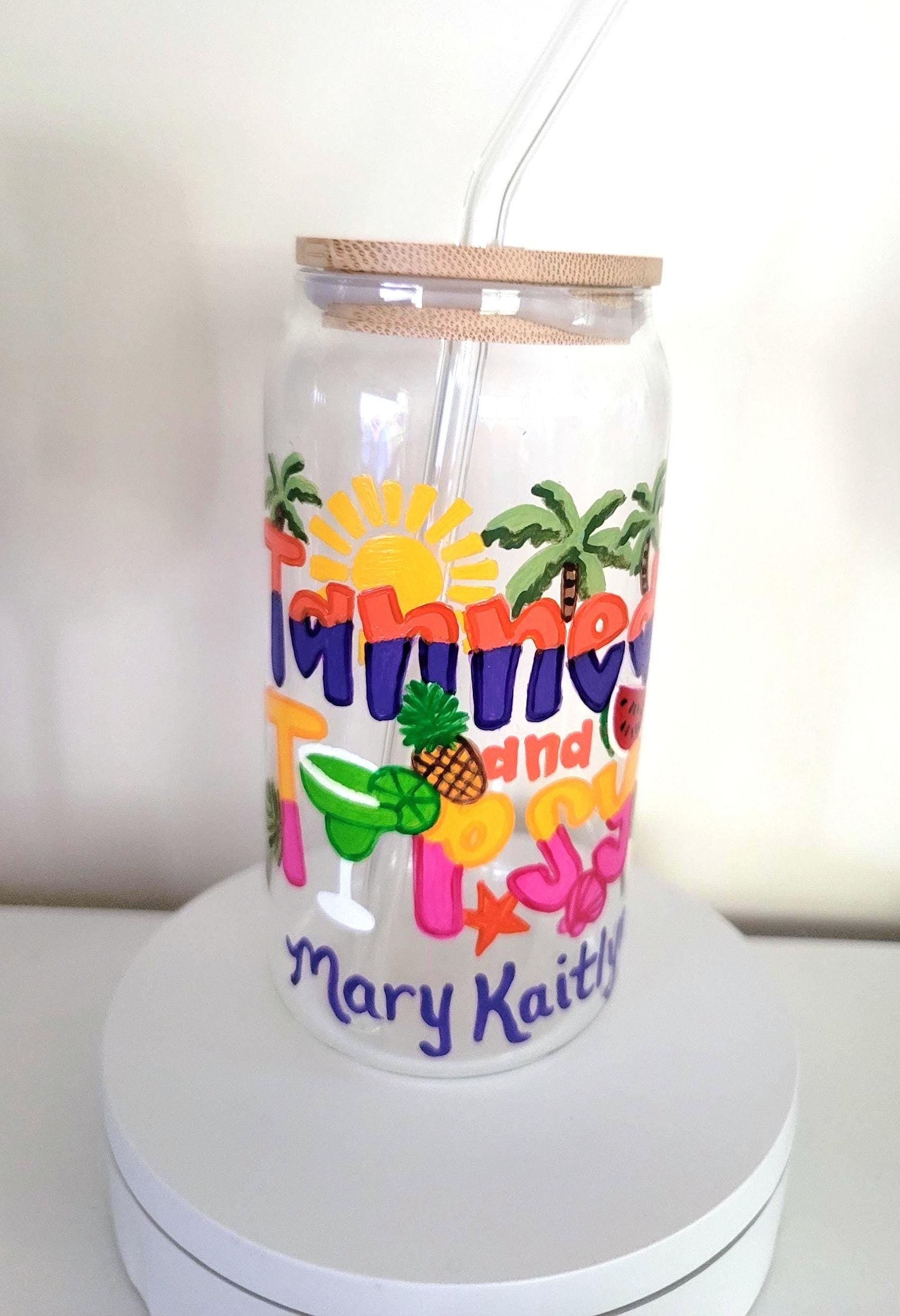 Hand Painted Beach Theme Glass Tumbler, Bamboo Lid & Straw