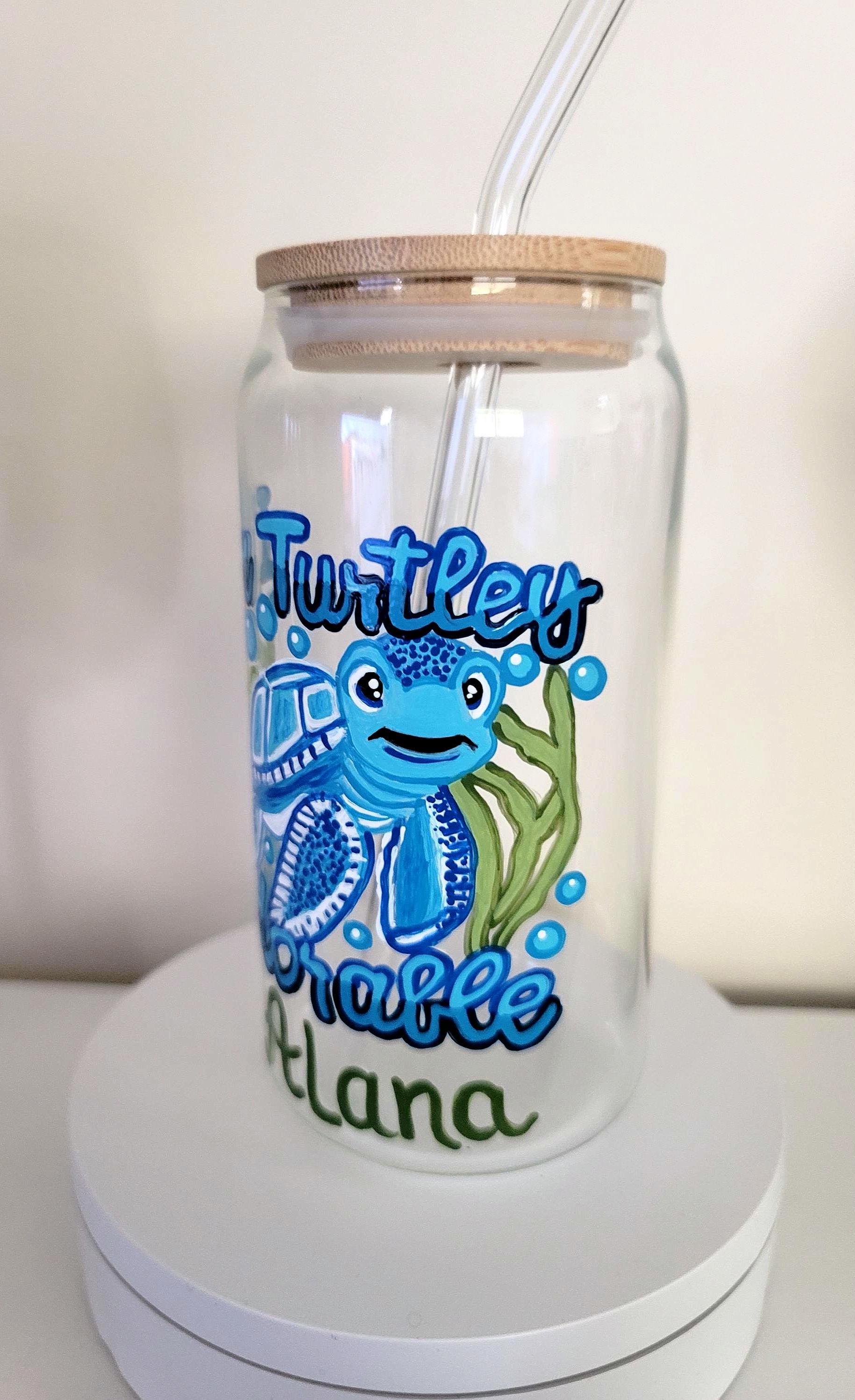 Hand Painted Sea Turtle Glass with Bamboo Lid & Straw