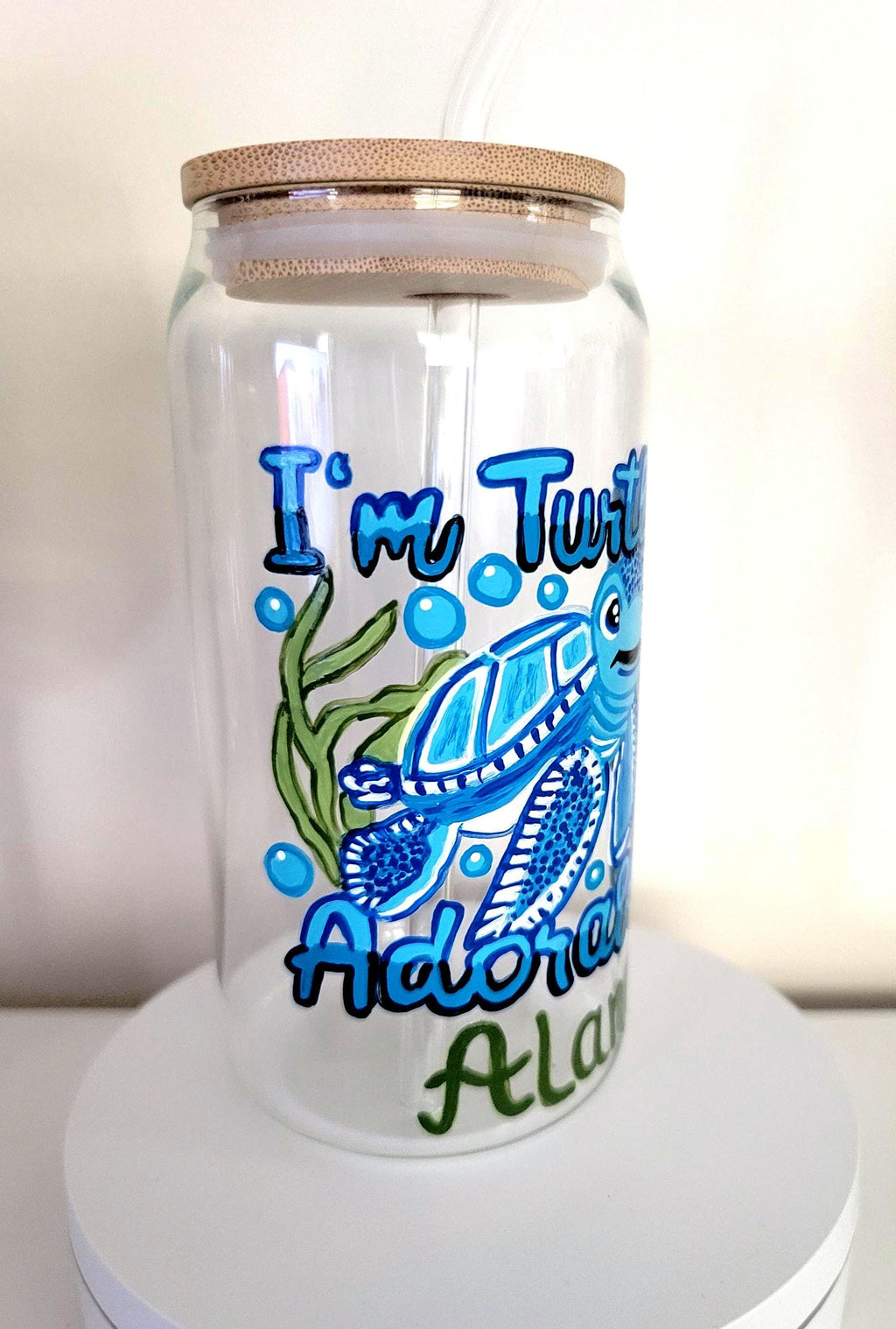 Hand Painted Sea Turtle Glass with Bamboo Lid & Straw