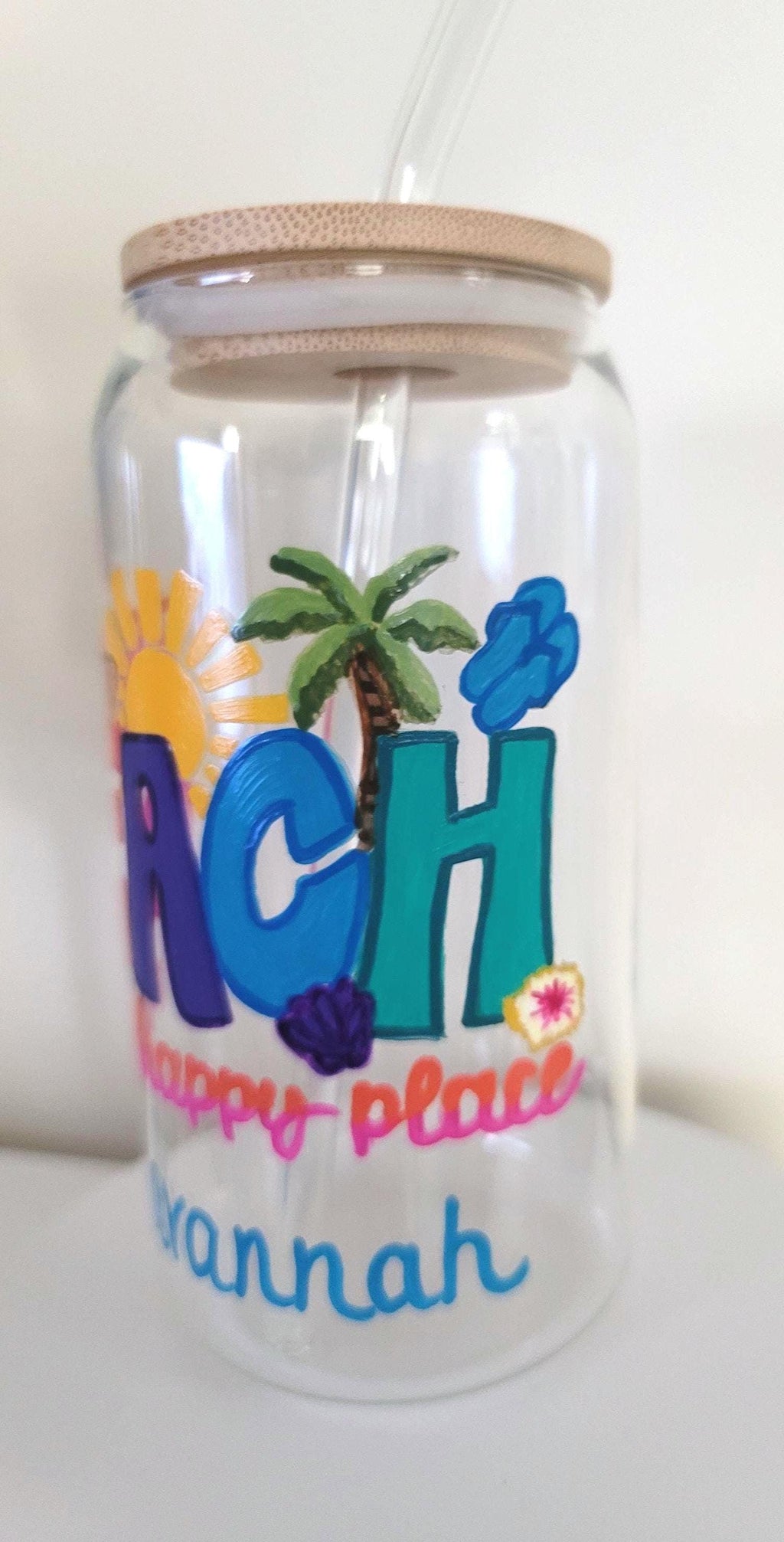 Hand Painted Beach Glass Tumbler with Bamboo Lid & Straw, 20 oz