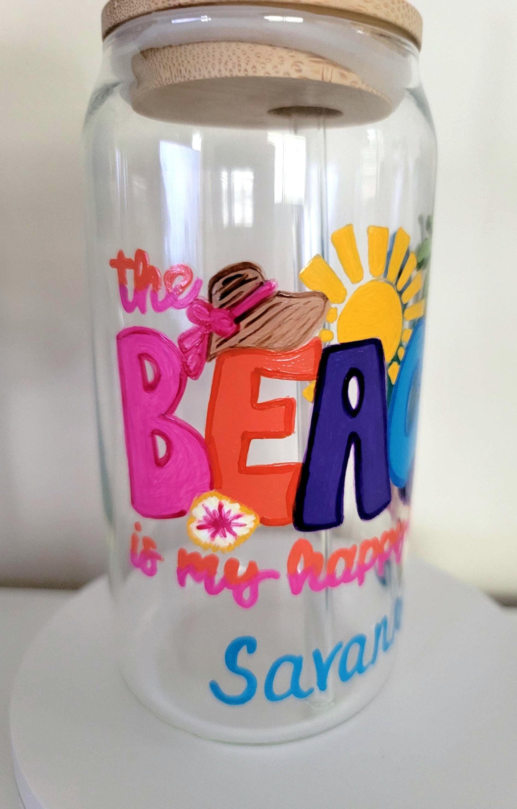 Hand Painted Beach Glass Tumbler with Bamboo Lid & Straw, 20 oz