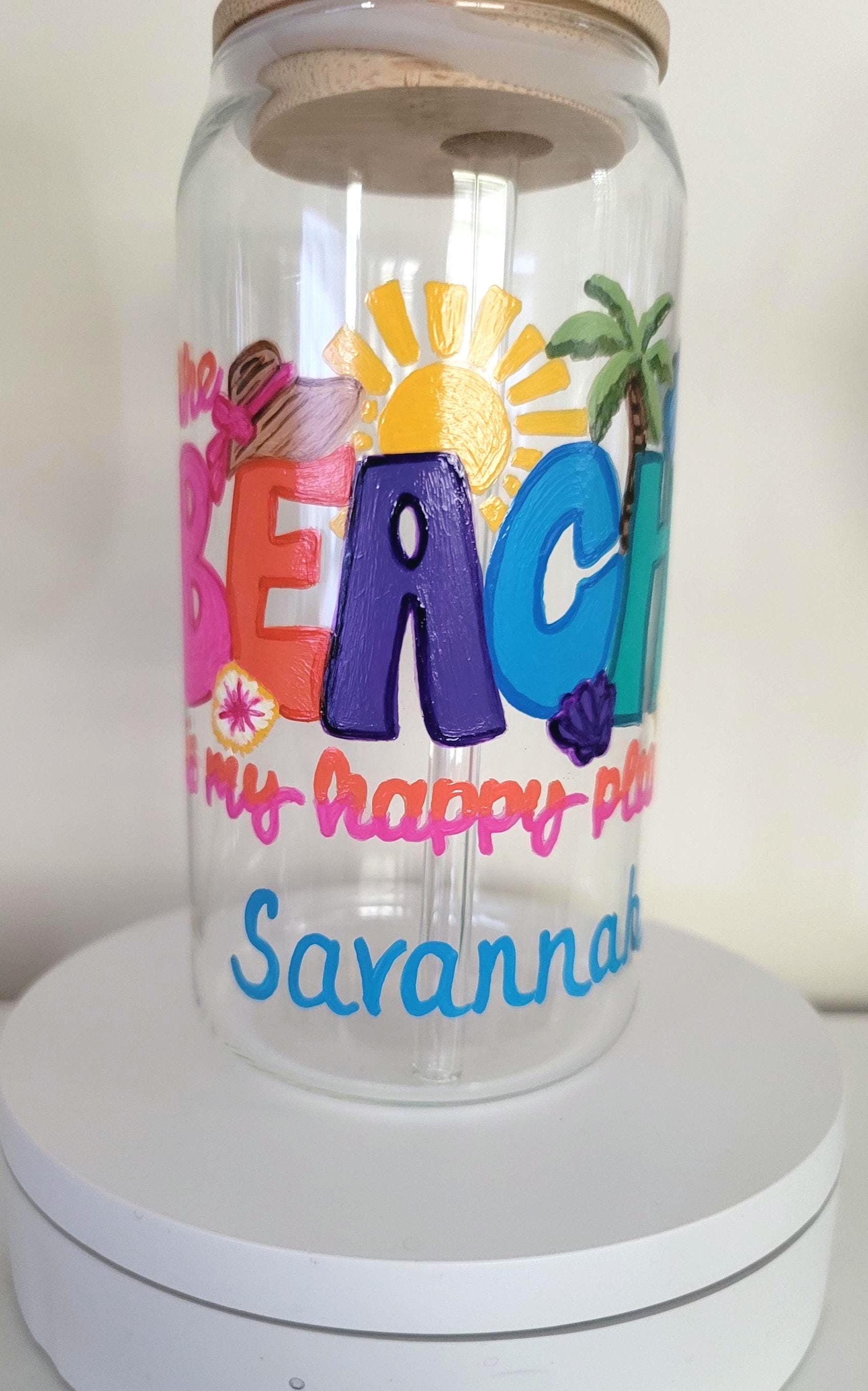 Hand Painted Beach Glass Tumbler with Bamboo Lid & Straw, 20 oz