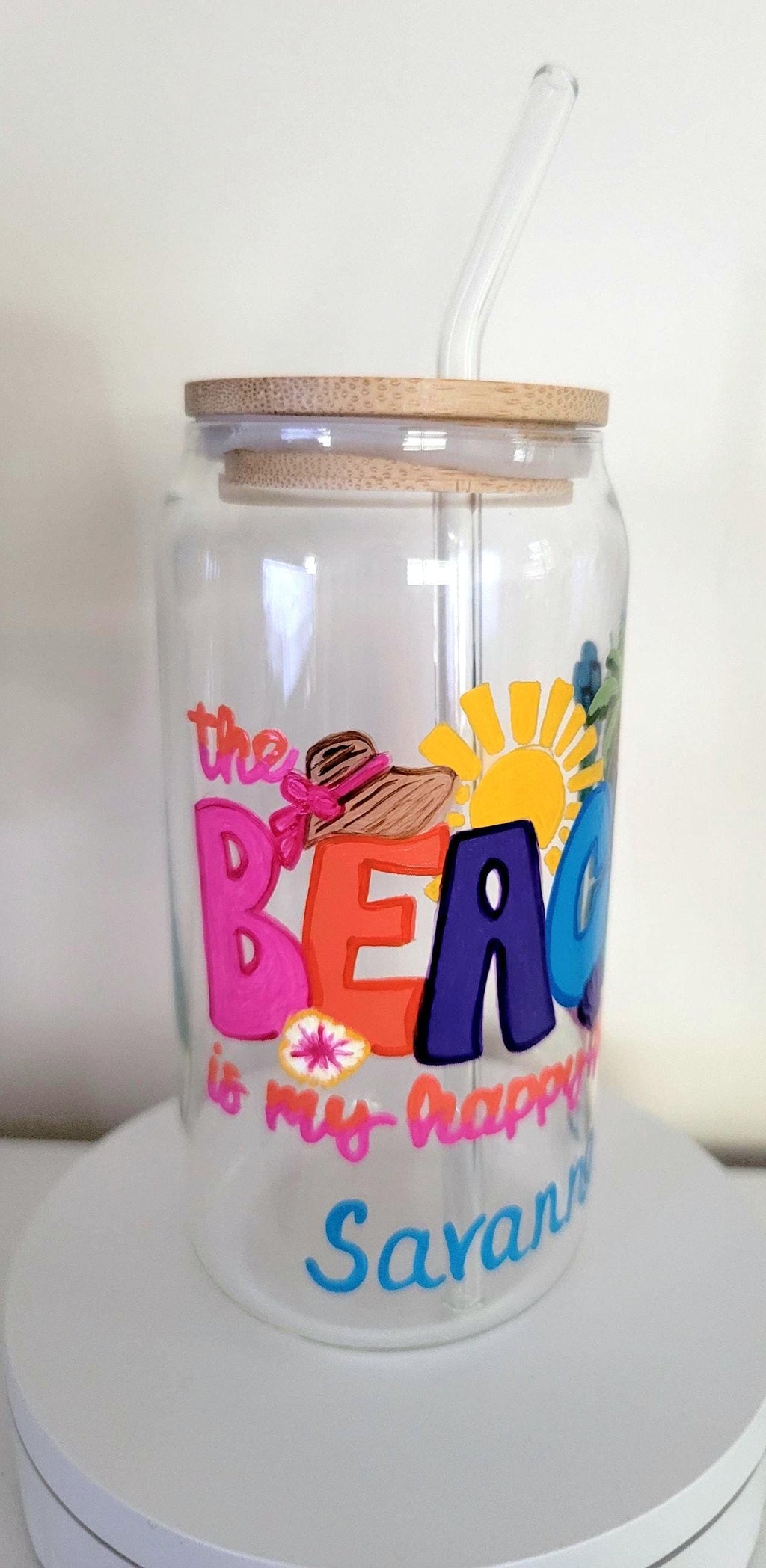 Hand Painted Beach Glass Tumbler with Bamboo Lid & Straw, 20 oz