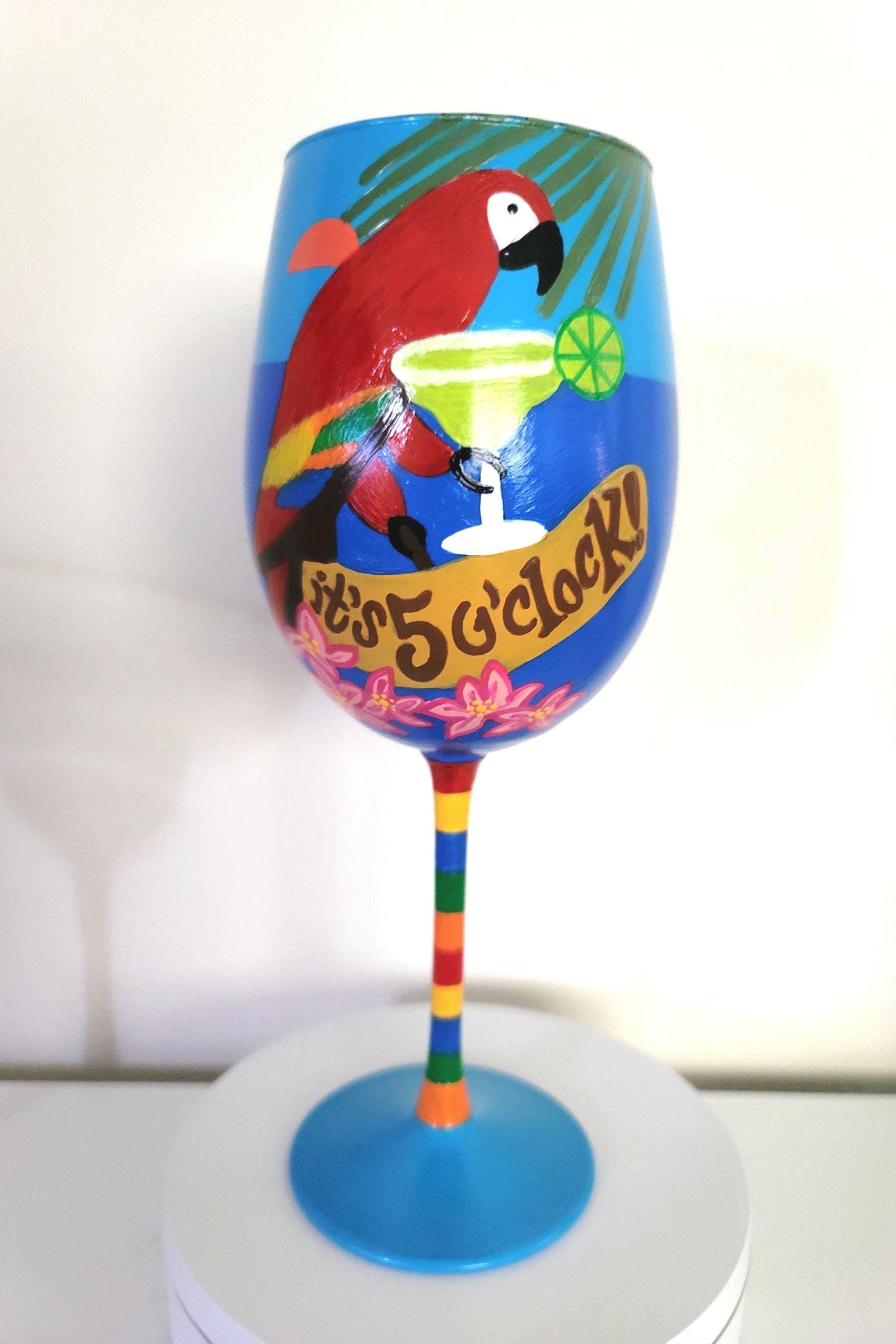 Hand Painted Tropical Parrot Wine Glass: Beach Party Theme