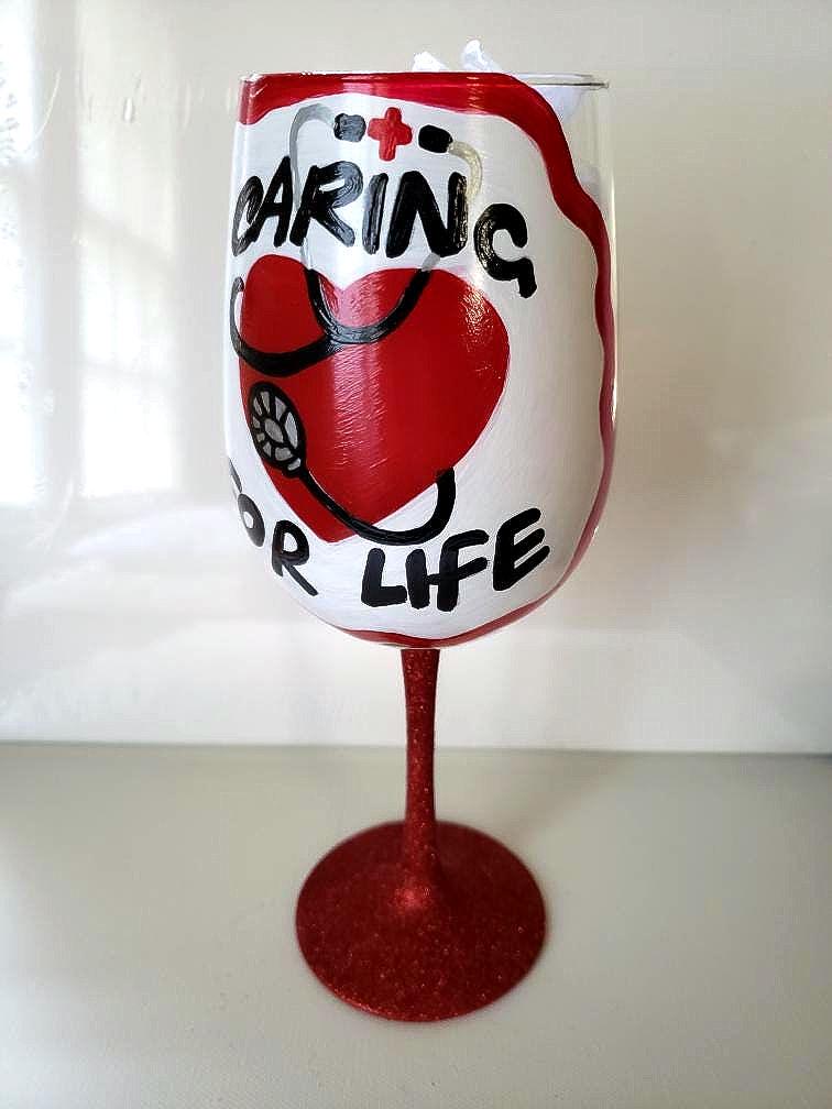 Hand Painted Nurse Wine Glass: Stethoscope Design, Caring for Life
