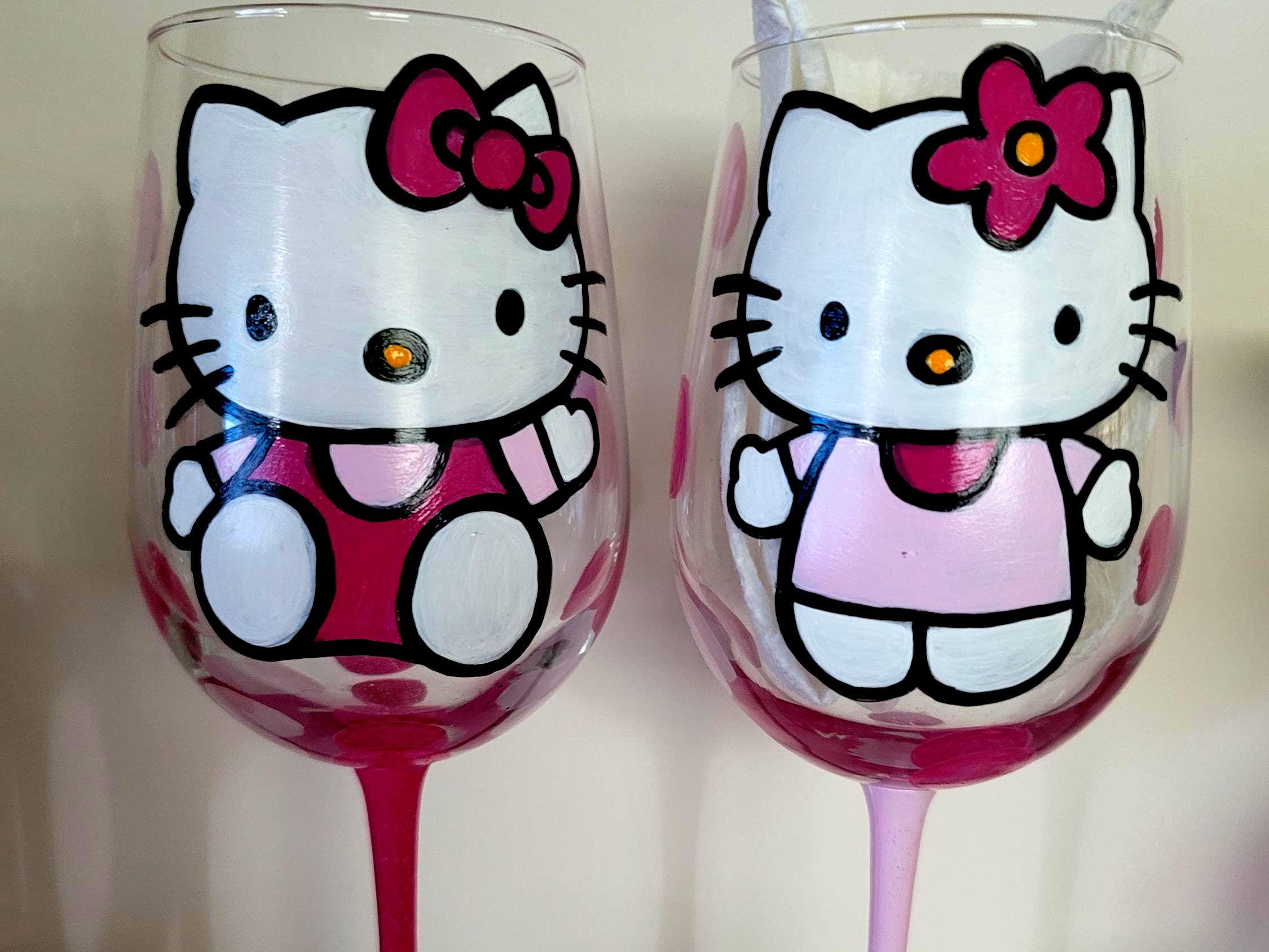 Hand Painted Hello Kitty Wine Glasses/ 18 oz/Glassware/Hello Kitty/Gift for her/Birthday/Mothers Day/Christmas Gift Glass/Bling Wine Glass