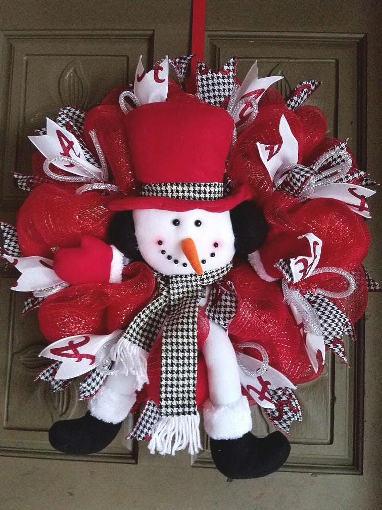 Alabama Crimson Tide Christmas Wreath: Houndstooth Snowman, Handmade Deco Mesh