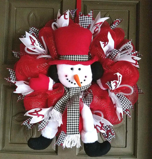 Alabama Crimson Tide Christmas Wreath: Houndstooth Snowman, Handmade Deco Mesh