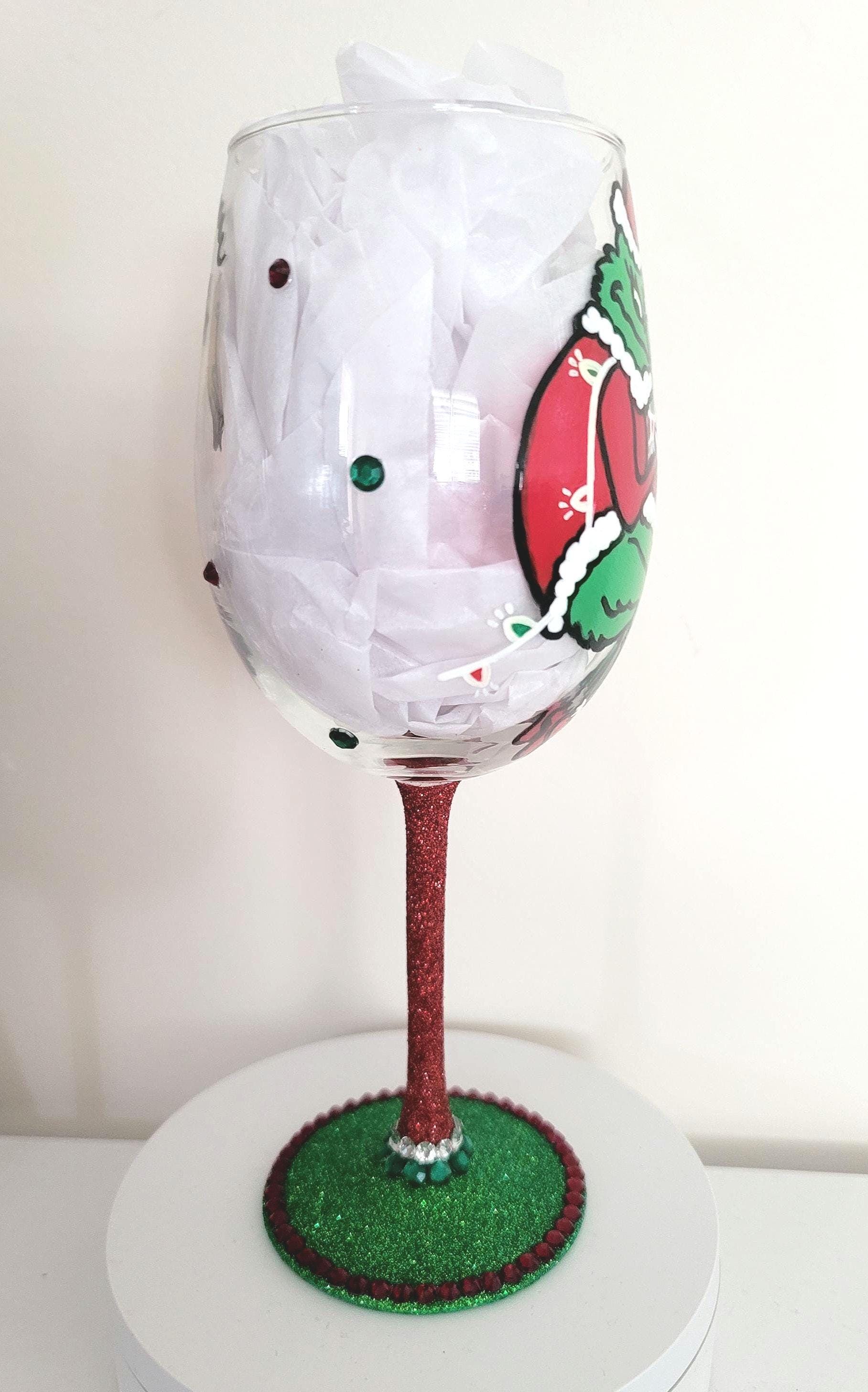 Hand Painted Grinch Wine Glass with Rhinestone Stem