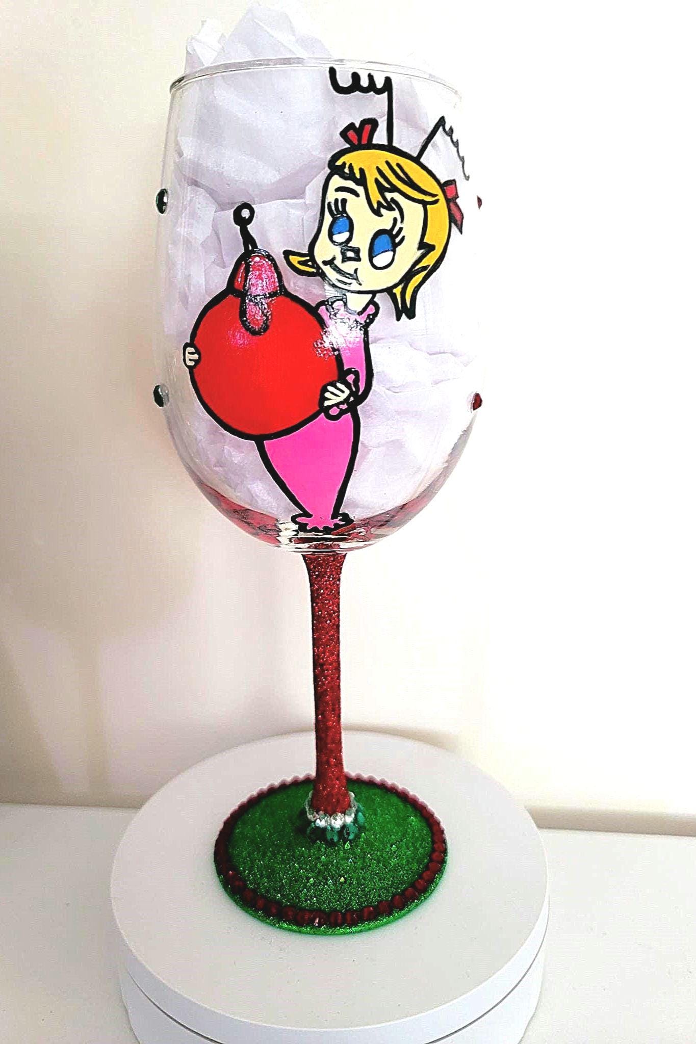 Hand Painted Grinch Wine Glass with Rhinestone Stem