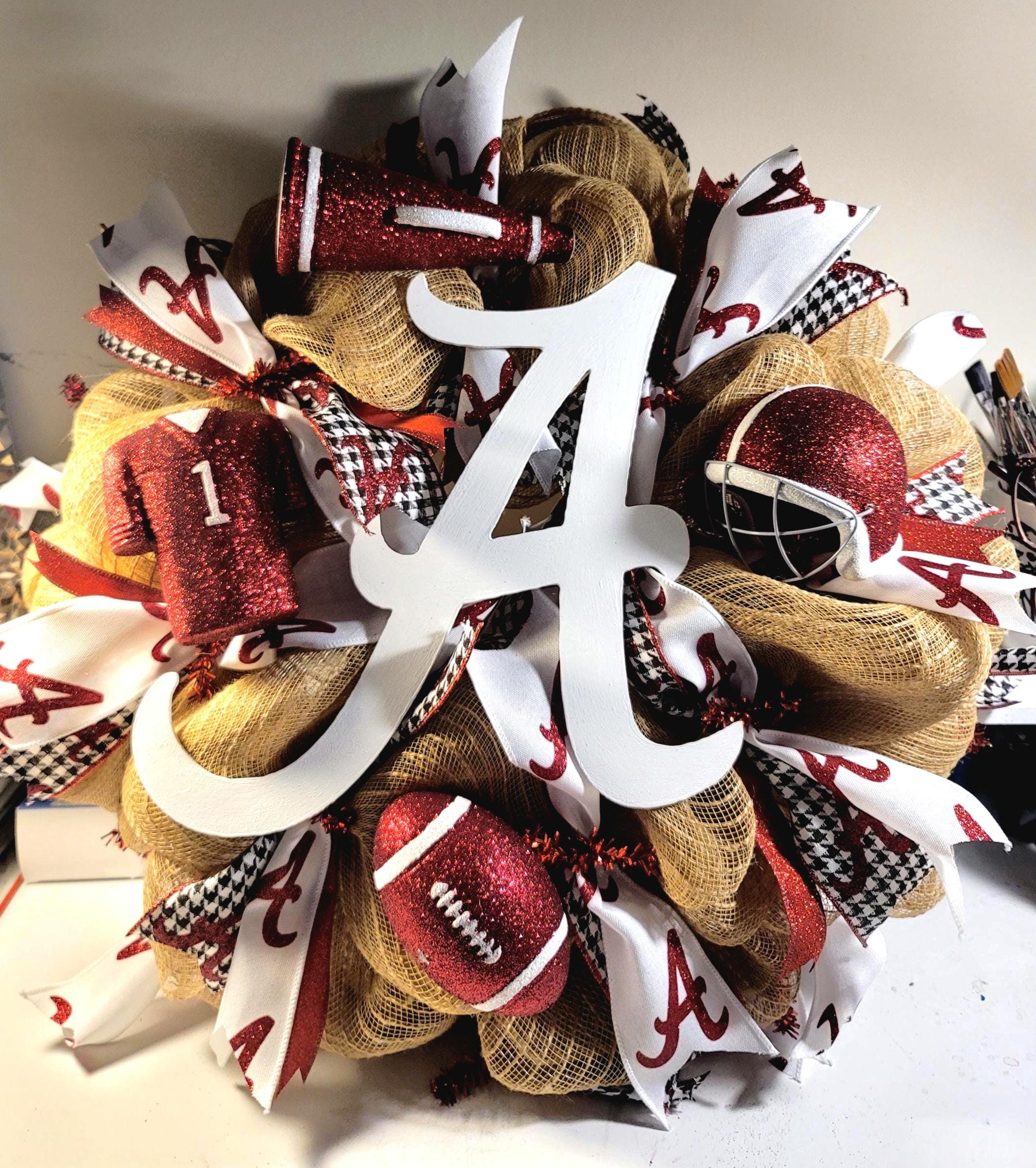 Alabama Crimson Tide Deco Mesh Wreath: Burlap & Houndstooth