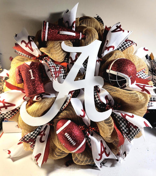 Alabama Crimson Tide Deco Mesh Wreath: Burlap & Houndstooth