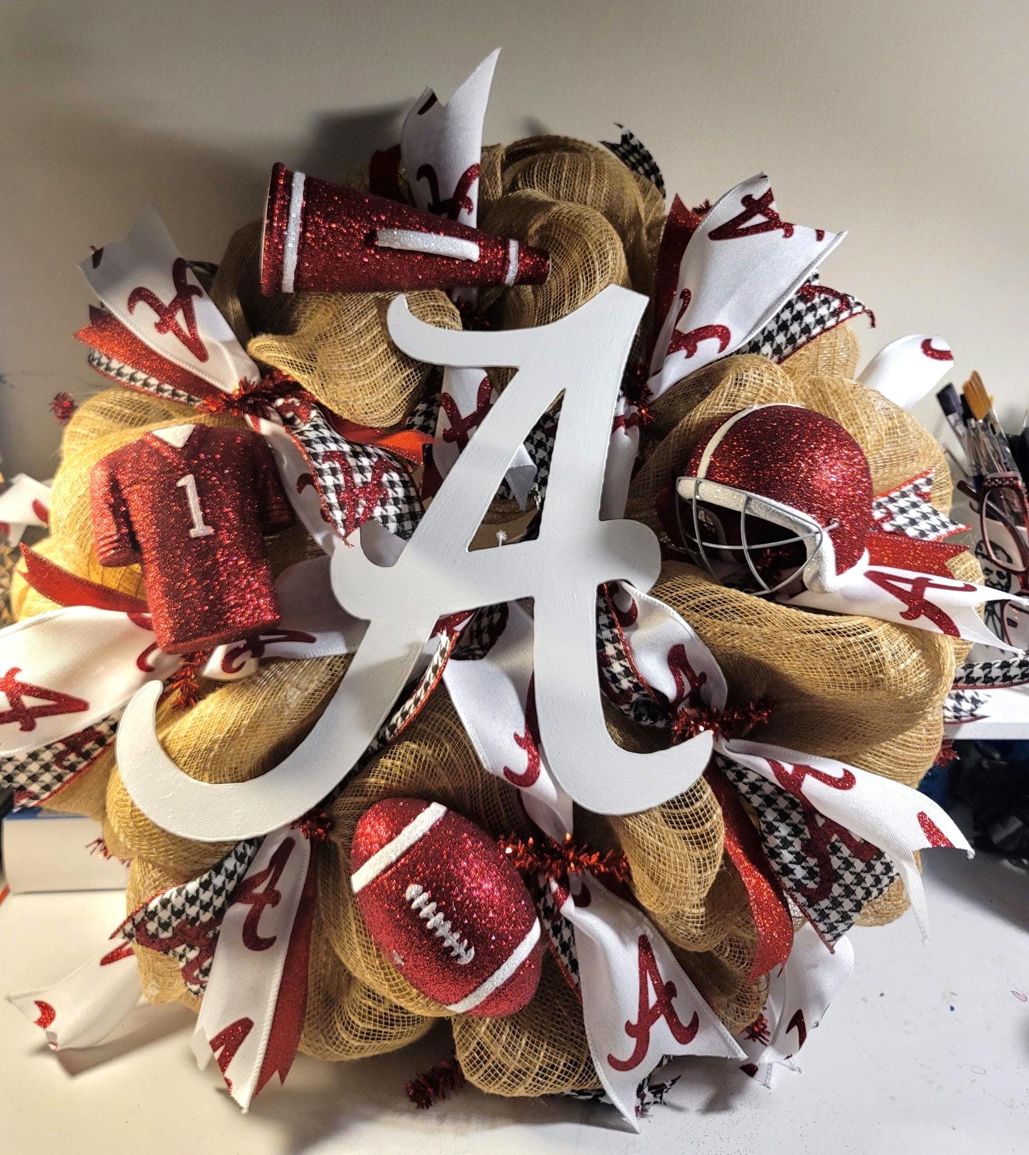 Alabama Crimson Tide Deco Mesh Wreath: Burlap & Houndstooth