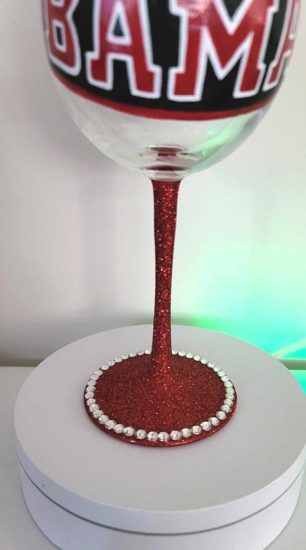 Alabama Crimson Tide Wine Glass, Hand Painted Glitter Stem