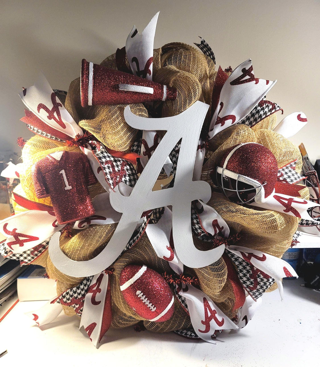 Alabama Crimson Tide Deco Mesh Wreath: Burlap & Houndstooth