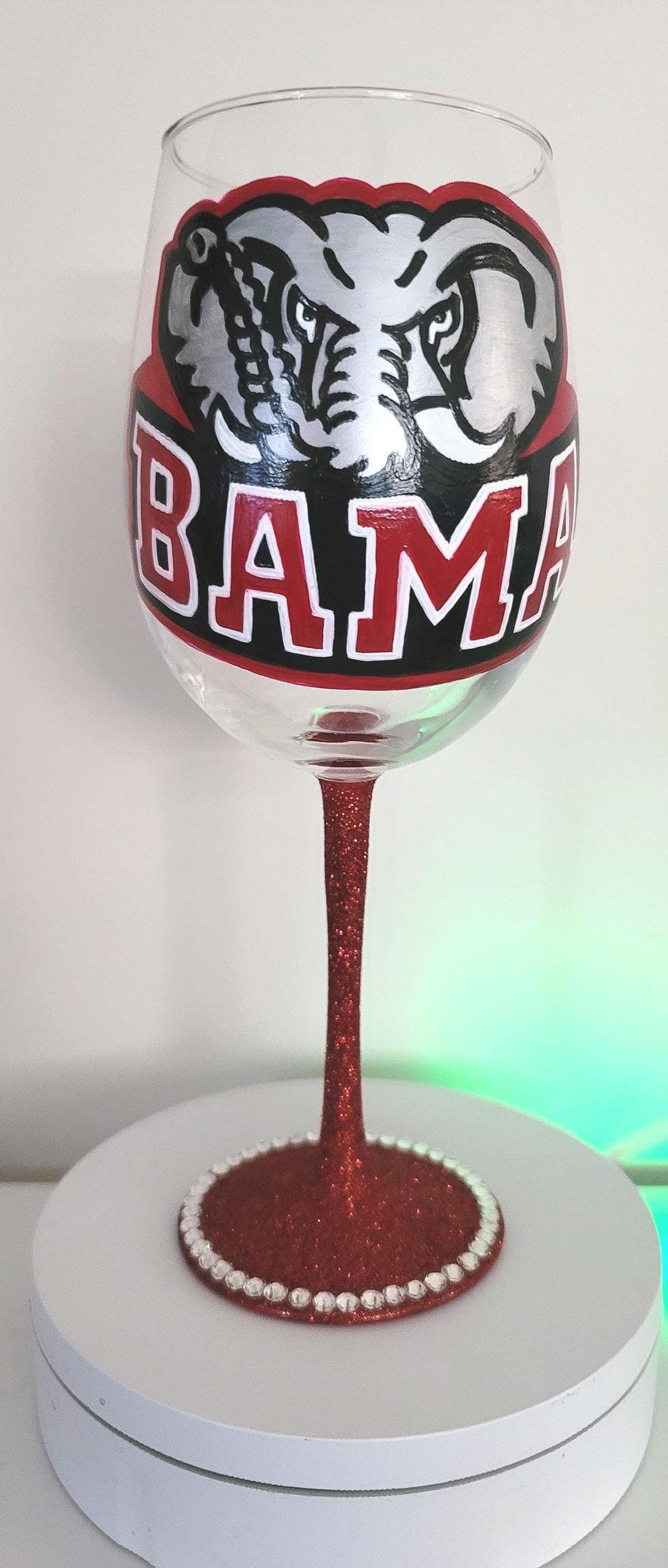 Alabama Crimson Tide Wine Glass, Hand Painted Glitter Stem