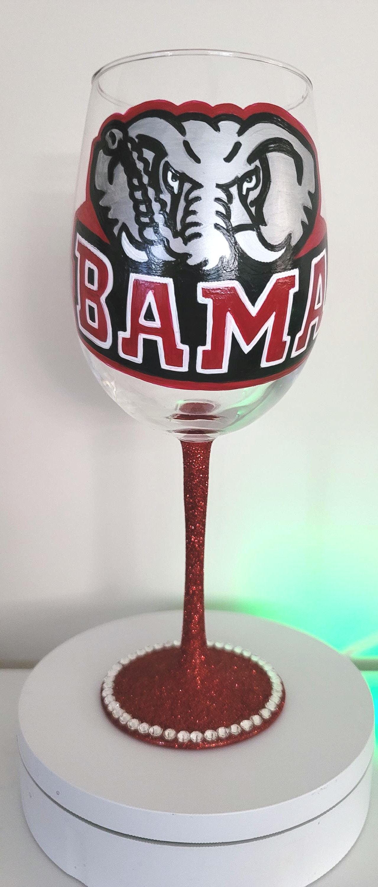 Alabama Crimson Tide Wine Glass, Hand Painted Glitter Stem