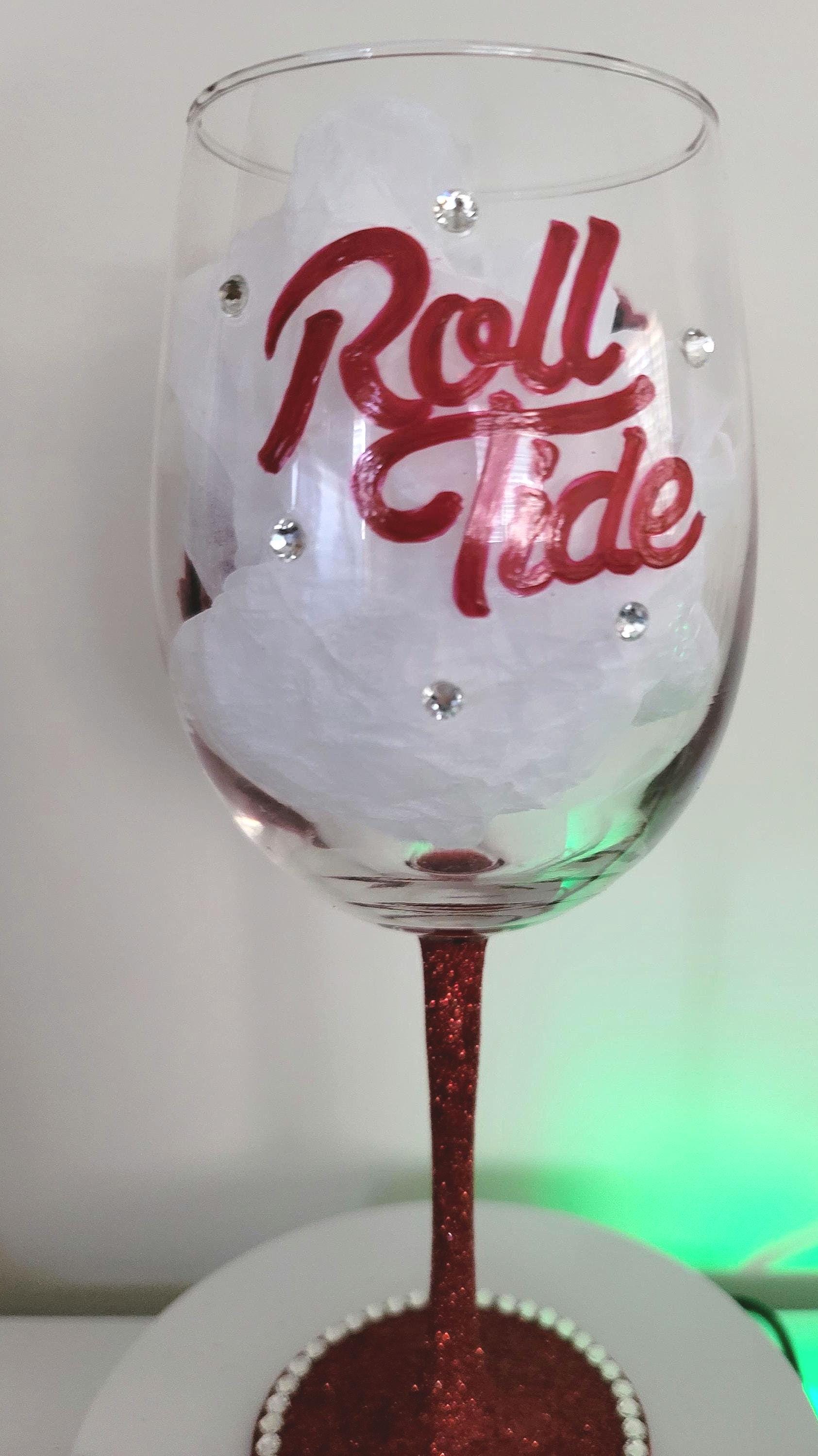Alabama Crimson Tide Wine Glass, Hand Painted Glitter Stem