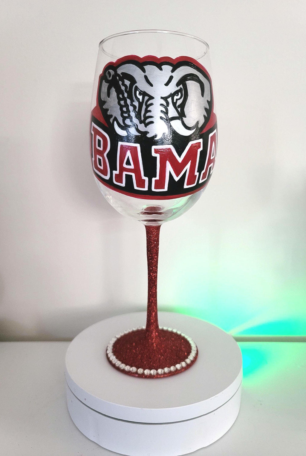 Alabama Crimson Tide Wine Glass, Hand Painted Glitter Stem