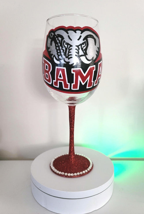 Alabama Crimson Tide Wine Glass, Hand Painted Glitter Stem