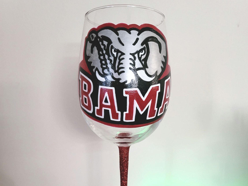 Alabama Crimson Tide Wine Glass, Hand Painted Glitter Stem