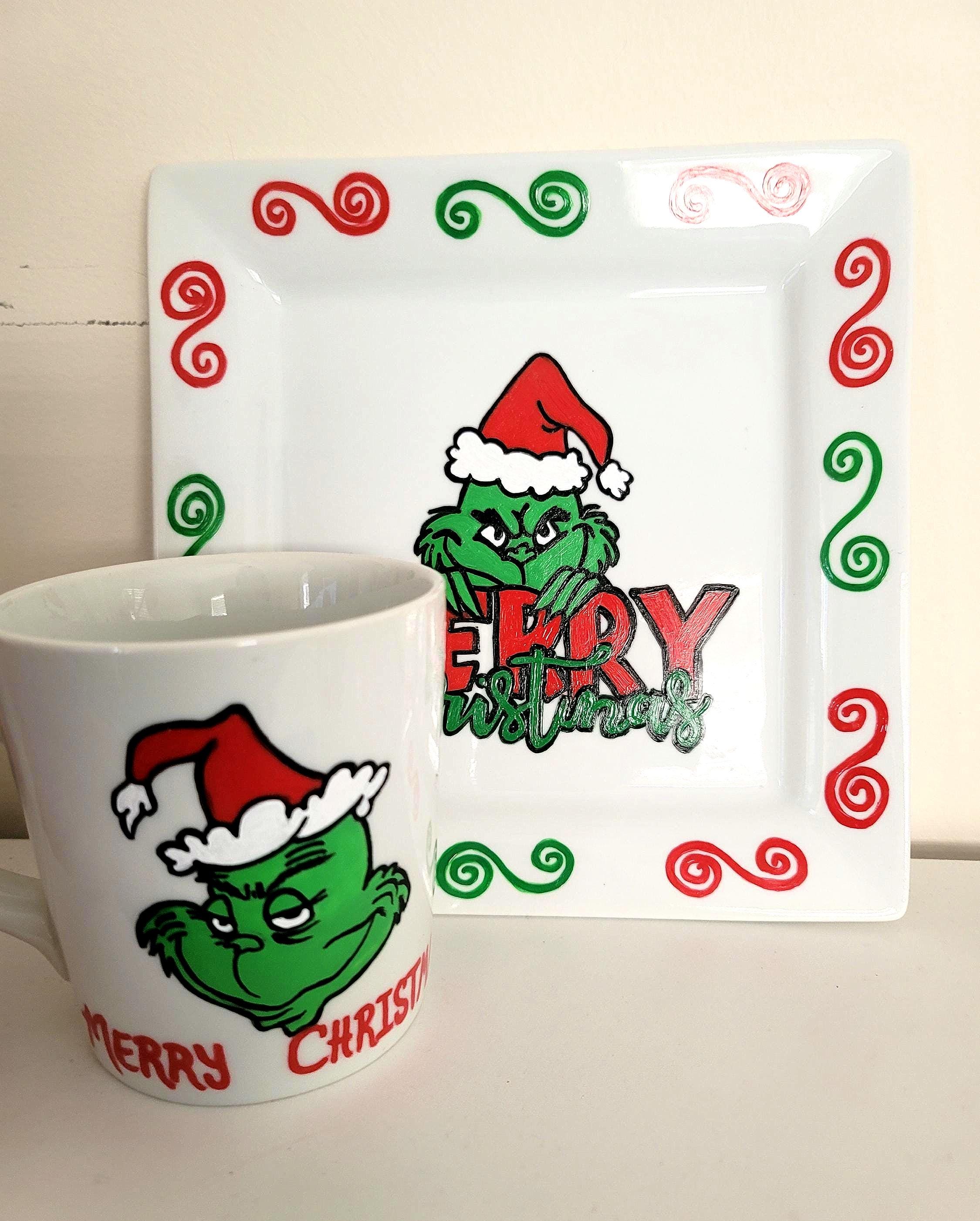 Hand Painted Grinch Plate and Mug Set, Christmas Gift